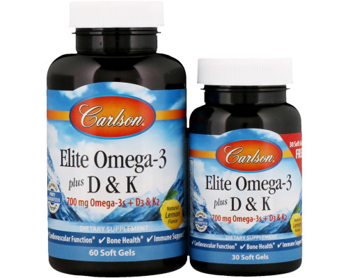 Омега 3 + витамин D3 и витамин К, Omega-3 Plus D & K, Carlson, 60+30 гелевых капсул