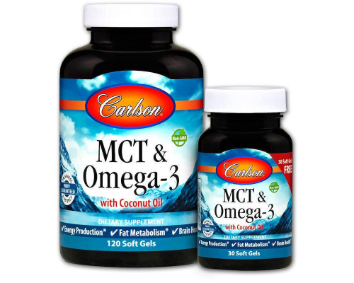 МСТ і Омега-3, MCT & Omega-3, Carlson, 120 гелевих капсул + 30 капсул безкоштовно