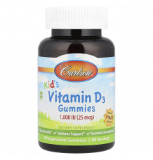 Витамин D3 для детей, Vitamin D3 Gummies, Carlson, натуральные фрукты, 25 мкг (1000 МЕ), 60 вегетарианских жевательных конфет