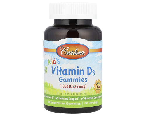 Витамин D3 для детей, Vitamin D3 Gummies, Carlson, натуральные фрукты, 25 мкг (1000 МЕ), 60 вегетарианских жевательных конфет