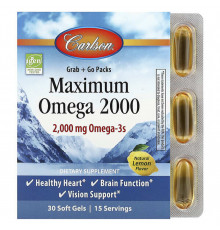 Омега с натуральным вкусом лимона, Maximum Omega 2000, Carlson, 2000 мг, 30 гелевых капсул (1000 мг на гелевую капсулу)