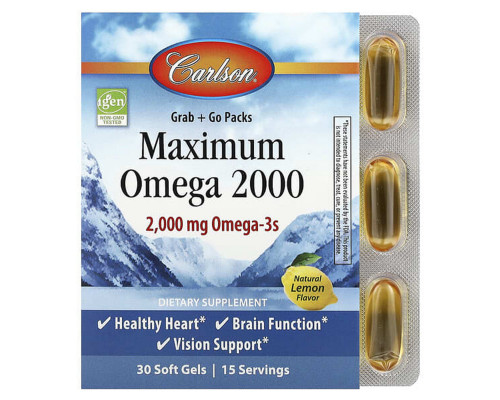 Омега с натуральным вкусом лимона, Maximum Omega 2000, Carlson, 2000 мг, 30 гелевых капсул (1000 мг на гелевую капсулу)