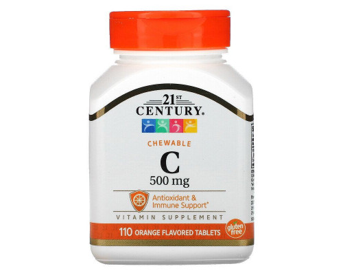 Витамин С, Chewable Vitamin C, 21st Century, жевательный, со вкусом апельсина, 500 мг, 110 таблеток