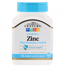 Цинк в жевательных таблетках, Zinc Chewable, 21st Century, вишня, 90 таб.