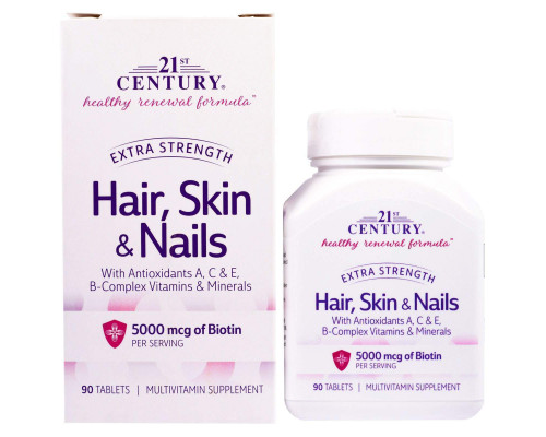 Витамины для волос, кожи и ногтей, Hair, Skin & Nails, 21st Century, особая сила, 90 таблеток