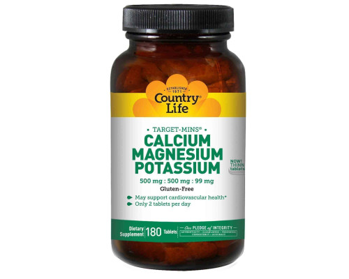 Кальций магний калий, Calcium Magnesium Potassium, Country Life, 500:500:99 мг, 180 таблеток