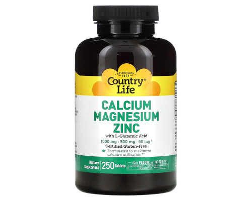 Кальций магний цинк, Calcium Magnesium Zinc, Country Life, 250 таблеток