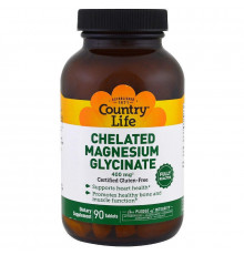 Магний глицинат, Chelated Magnesium Glycinate, Country Life,  400 мг, 90 таблеток