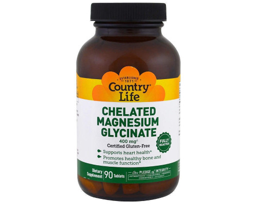 Магний глицинат, Chelated Magnesium Glycinate, Country Life,  400 мг, 90 таблеток