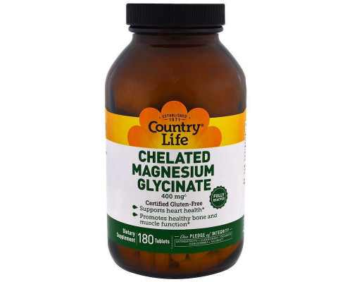 Магний глицинат, Chelated Magnesium Glycinate, Country Life,  400 мг, 180 таблеток