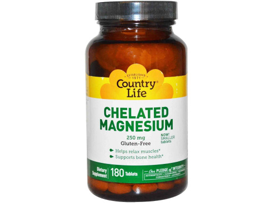 Магний хелат, Chelated Magnesium, Country Life, 250 мг, 180 таблеток