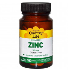Цинк хелатный, Chelated Zinc, Country Life, 50 мг, 100 таблеток