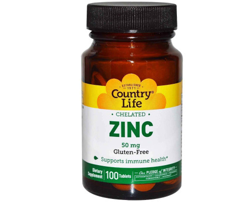 Цинк хелатный, Chelated Zinc, Country Life, 50 мг, 100 таблеток