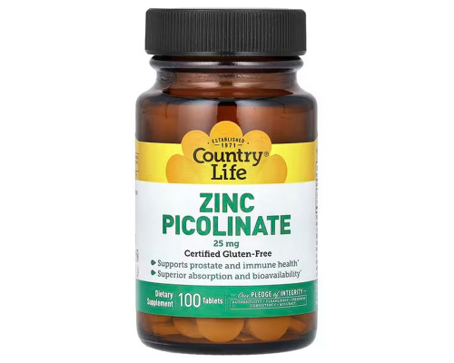 Цинк пиколинат, Zinc Picolinate, Country Life, 25 мг, 100 таблеток