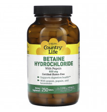 Бетаина гидрохлорид, Betaine Hydrochloride, Country Life, 600 мг, 250 таблеток
