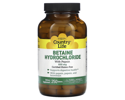 Бетаина гидрохлорид, Betaine Hydrochloride, Country Life, 600 мг, 250 таблеток