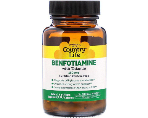 Бенфотиамин c тиамином, Benfotiamine, Country Life, 150 мг, 60 веганских капсул