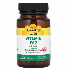 Витамин В-12 и фолиевая кислота, Vitamin B12, Country Life, вкус вишни, 500 мкг, 100 леденцов