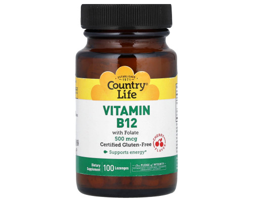 Витамин В-12 и фолиевая кислота, Vitamin B12, Country Life, вкус вишни, 500 мкг, 100 леденцов