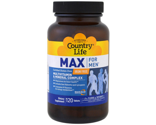 Мультивитамины для мужчин, Multivitamin & Mineral, Country Life, без железа, 120 таблеток