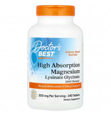 Магний хелат, Magnesium, Doctor's Best, с высокой степенью усвоения, 200 мг, 240 таблеток (100 мг в таблетке)