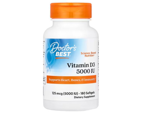 Витамин D3, Vitamin D3, Doctor's Best, 125 мкг (5000 МЕ), 180 капсул