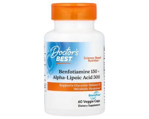 Альфа-липоевая кислота + Бенфотиамин, Alpha-Lipoic Acid + Benfotiamine, Doctor's Best, 300/150 мг, 60 вегетарианских капсул
