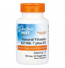 Витамин K2 (MK-7) плюс D3, Natural Vitamin K2 Plus D3 with MK-7, Doctor's Best, 180 мкг, 60 вегетарианских капсул