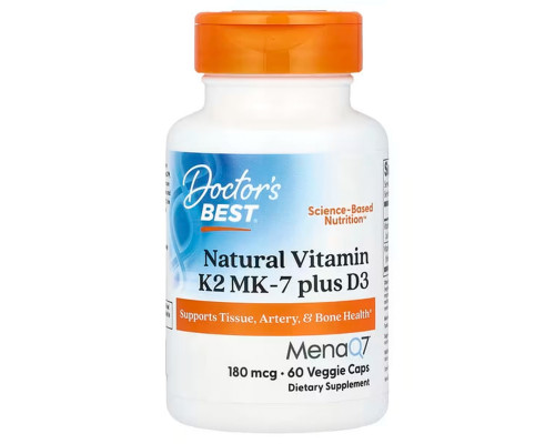 Витамин K2 (MK-7) плюс D3, Natural Vitamin K2 Plus D3 with MK-7, Doctor's Best, 180 мкг, 60 вегетарианских капсул