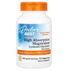 Магний лизинат-глицинат, High Absorption Magnesium, Doctor's Best, 100% хелатный, 105 мг, 120 вегетарианских капсул (52.5 мг в капсуле)