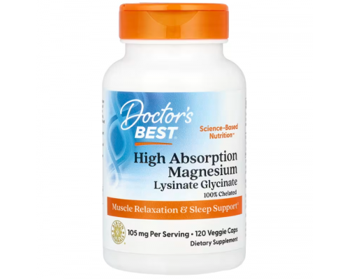 Магний лизинат-глицинат, High Absorption Magnesium, Doctor's Best, 100% хелатный, 105 мг, 120 вегетарианских капсул (52.5 мг в капсуле)
