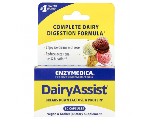 Ферменти для перетравлення лактози, DairyAssist, Enzymedica, для веганів, 30 капсул