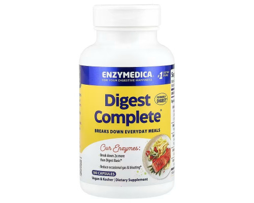 Пищеварительные ферменты, Digest Complete, Enzymedica, эффективно расщепляет углеводы, жиры, клетчатку и белки, 180 капсул