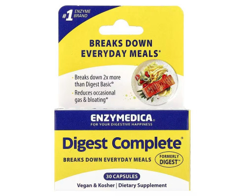 Энзимы полная формула, Digest Complete, Enzymedica, Digest, эффективно расщепляет углеводы, жиры, клетчатку и белки, 30 капсул