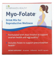 Мио-инозитол для фертильности, Myo-Folate, Fairhaven Health, питьевая смесь для репродуктивного здоровья, без ароматизаторов, 30 пакетов по 2.4 г