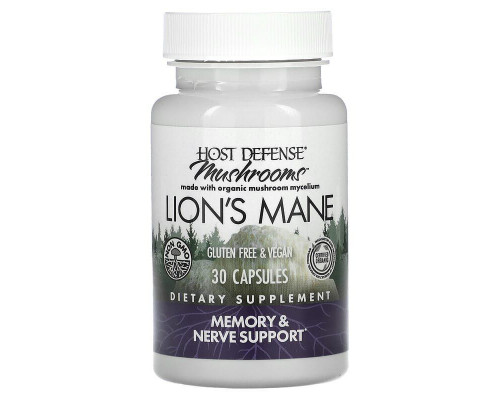 Ежовик Гребенчатый, Lion's Mane, Fungi Perfecti, Host Defense, поддержка памяти и нервов, 1 г, 30 вегетарианских капсул