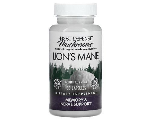 Ежовик гребенчатый, Lion's Mane, Fungi Perfecti, Host Defense, поддержка памяти и нервов, 1 г, 60 вегетарианских капсул