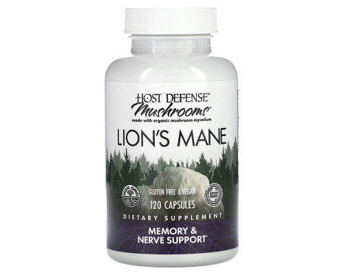Ежовик Гребенчатый, Lion's Mane, Fungi Perfecti, Host Defense, поддержка памяти и нервов, 1 г, 120 вегетарианских капсул