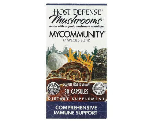 Поддержка иммунитета, Mushrooms, MyCommunity, Fungi Perfecti, Host Defense Mushrooms, 30 капсул