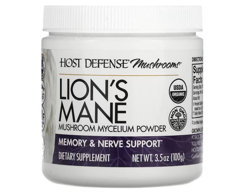 Ежовик гребенчатый, Lion's Mane, Host Defense, порошок грибного мицелия, для поддержки памяти и нервной системы, 100 г