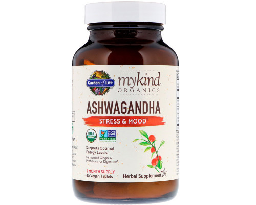 Ашваганда, Ashwagandha, Garden of Life, MyKind Organics, стресс и настроение, 60 таблеток