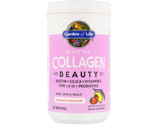 Пептиды коллагена, Grass Fed Collagen Beauty, Garden of Life, клубничный лимонад, порошок, 270 г