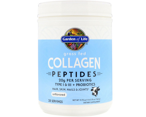 Пептиды коллагена, Grass Fed Collagen Peptides, Garden of Life, травяной откорм, без вкусовых добавок, порошок, 560 г