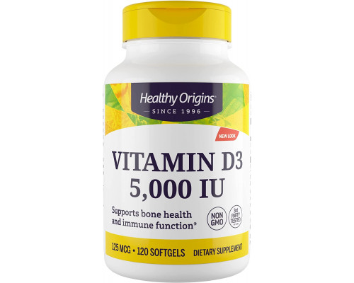 Витамин D3, Vitamin D3, Healthy Origins, 5000 МЕ, 120 гелевых капсул