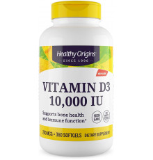 Витамин D3, Vitamin D3, Healthy Origins, 10 000 МЕ, 360 гелевых  капсул