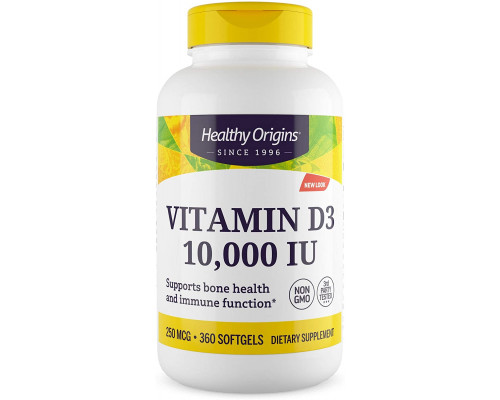 Витамин D3, Vitamin D3, Healthy Origins, 10 000 МЕ, 360 гелевых  капсул