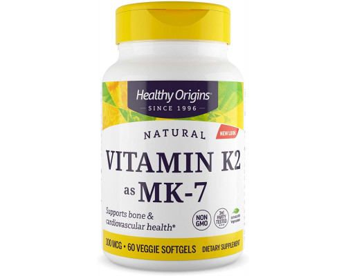 Витамин K2 в форме MK7, Vitamin K2 as MK-7, Healthy Origins, 100 мкг, 60 вегетарианских мягких капсул