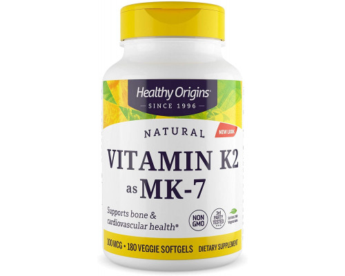 Витамин K2 в форме MK7, Vitamin K2 as MK-7, Healthy Origins, 100 мкг, 180 вегетарианских мягких капсул