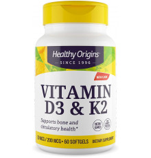 Витамин D3 и К2, Vitamin D3 + K2, Healthy Origins, 60 гелевых капсул