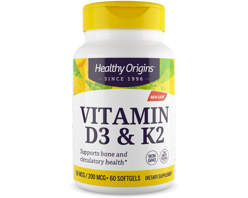 Витамин D3 и К2, Vitamin D3 + K2, Healthy Origins, 60 гелевых капсул